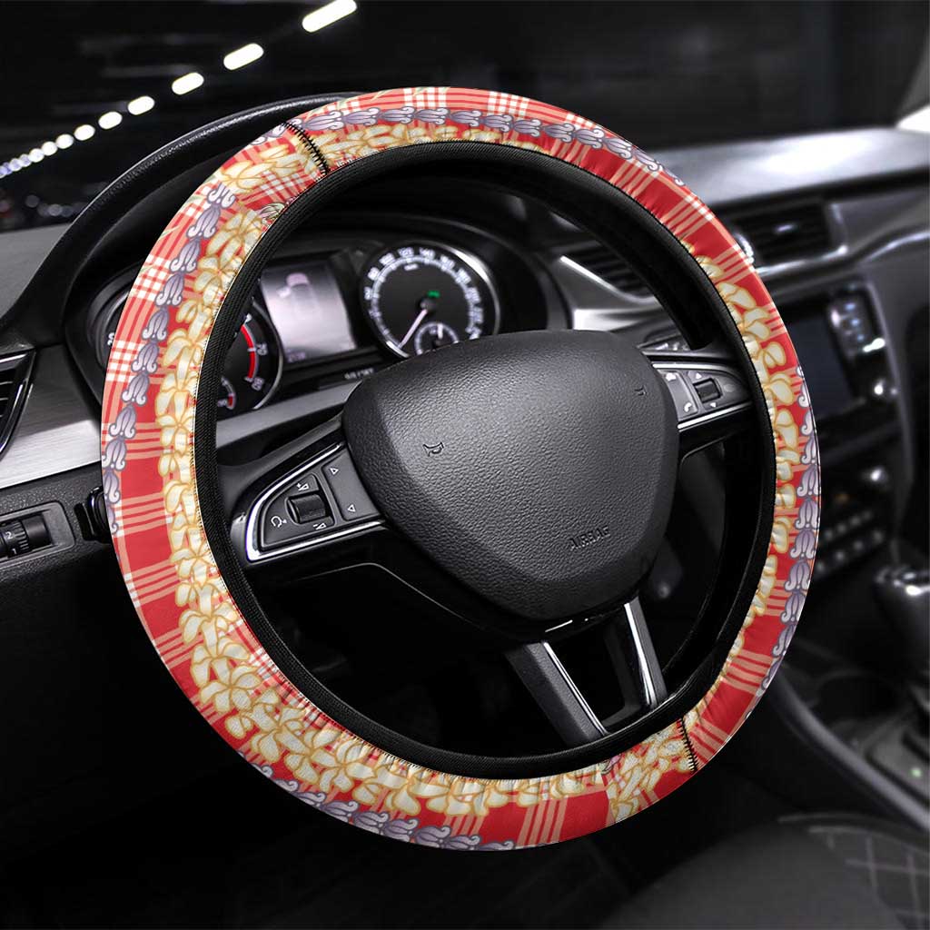 Red Palaka Hawaii Leis Steering Wheel Cover Hawaiian-plaid Elegant Tropical Vibes - Polynesian Pride
