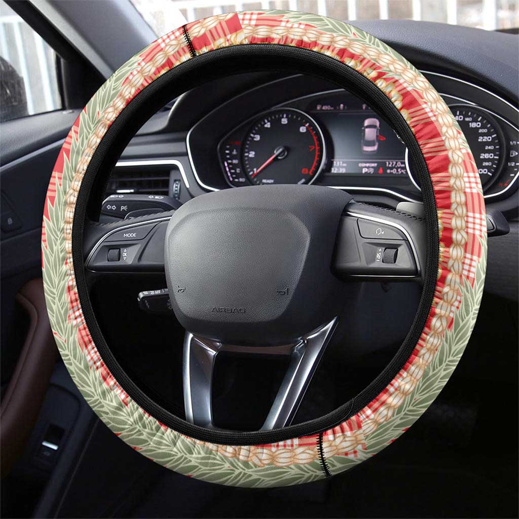 Red Palaka Hawaii Leis Steering Wheel Cover Hawaiian-plaid Elegant Tropical Vibes - Polynesian Pride