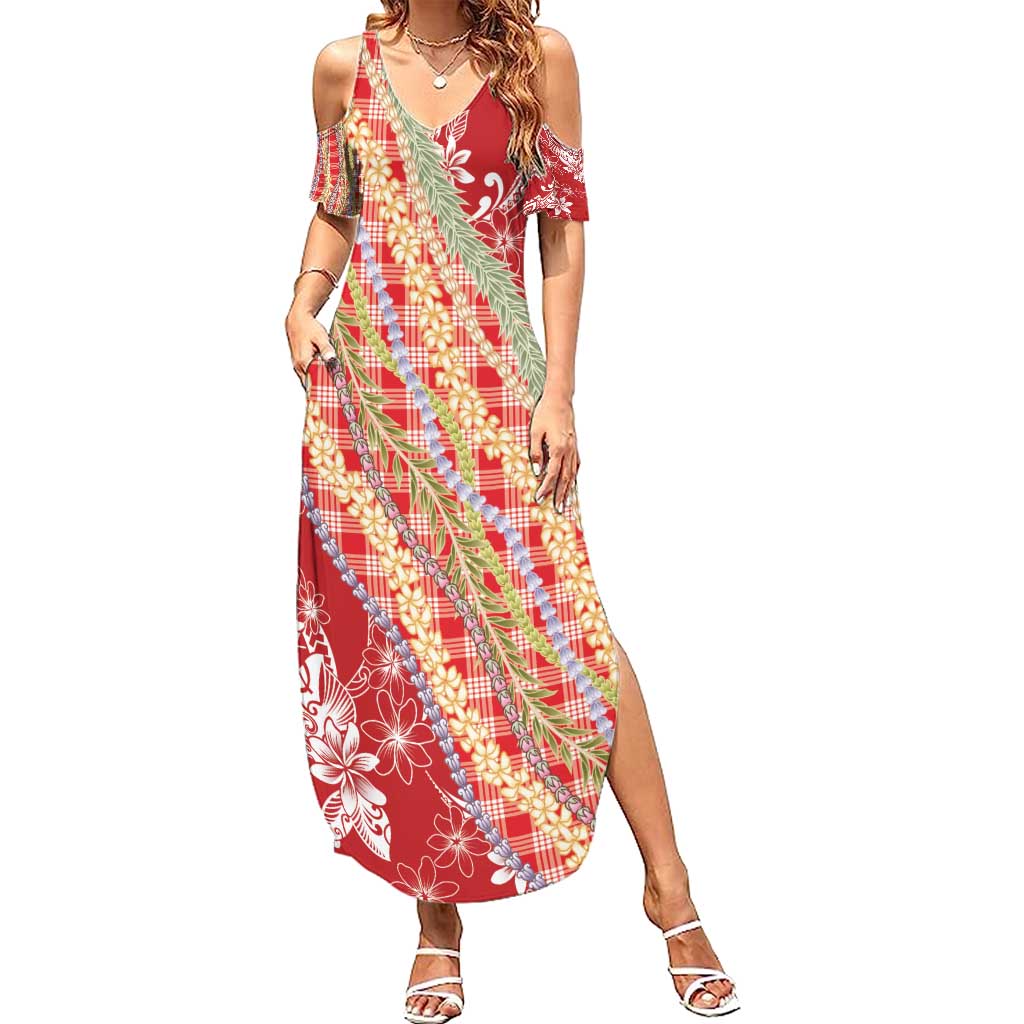 Red Palaka Hawaii Leis Summer Maxi Dress Hawaiian-plaid Elegant Tropical Vibes - Polynesian Pride