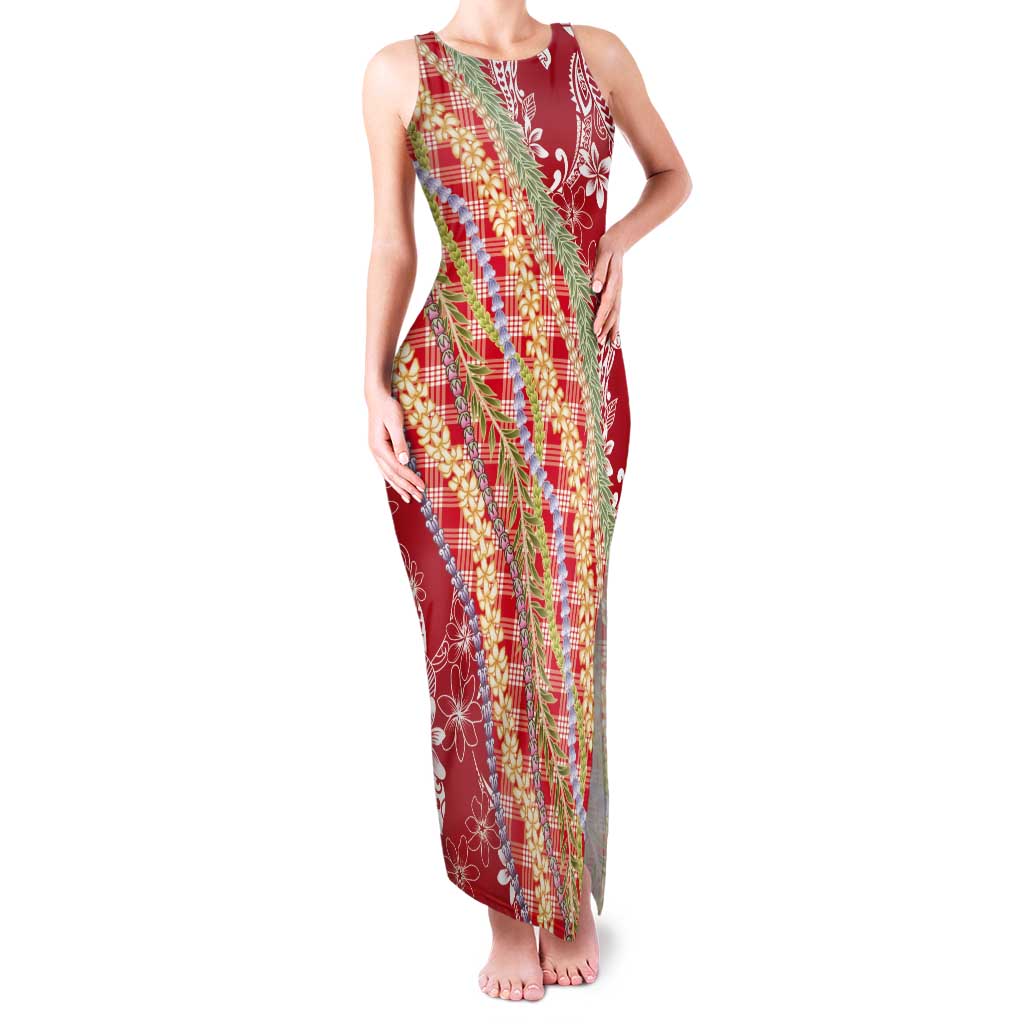 Red Palaka Hawaii Leis Tank Maxi Dress Hawaiian-plaid Elegant Tropical Vibes - Polynesian Pride