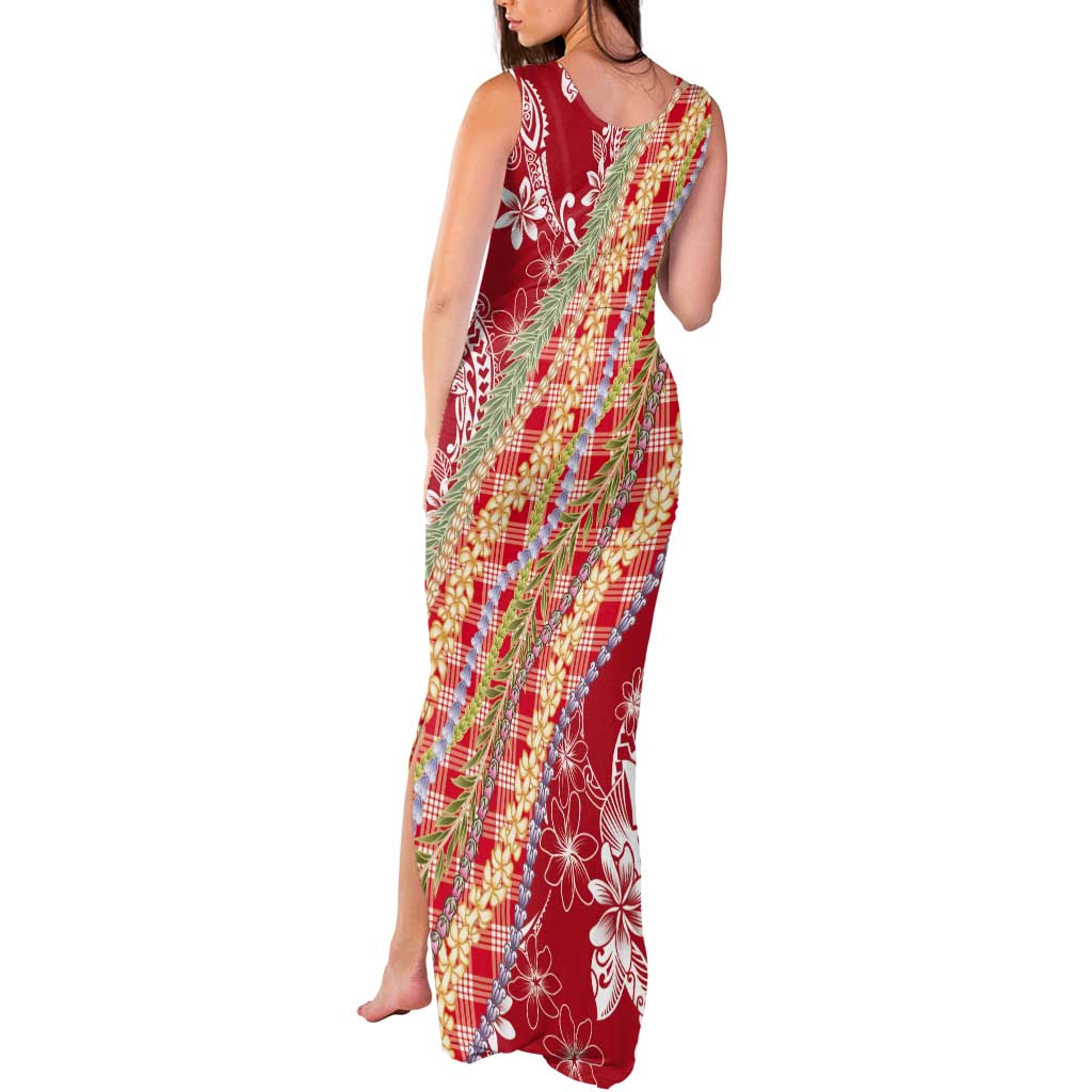 Red Palaka Hawaii Leis Tank Maxi Dress Hawaiian-plaid Elegant Tropical Vibes - Polynesian Pride