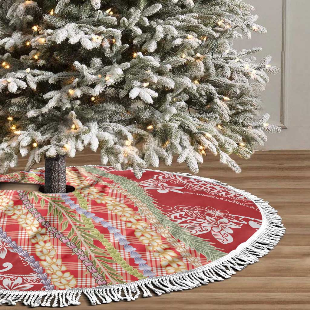 Red Palaka Hawaii Leis Tree Skirt Hawaiian-plaid Elegant Tropical Vibes - Polynesian Pride