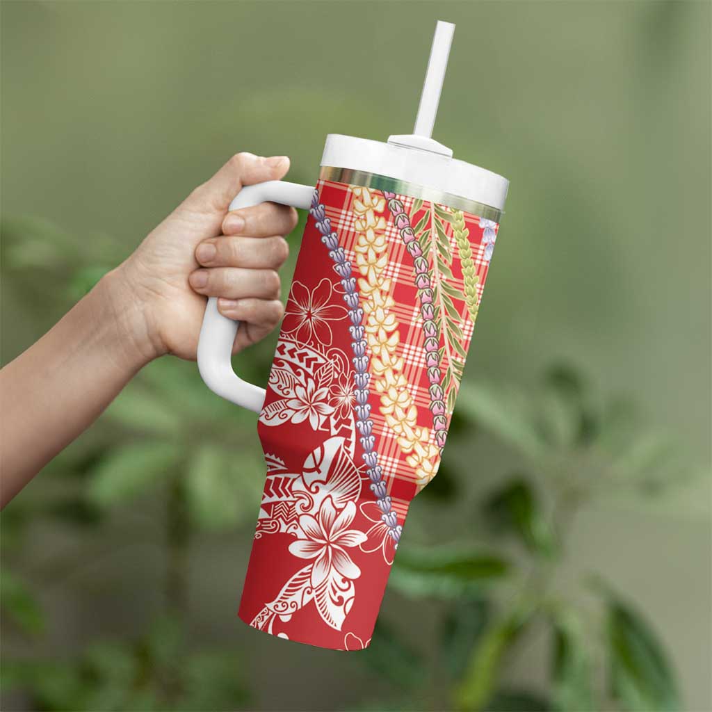 Red Palaka Hawaii Leis Tumbler With Handle Hawaiian-plaid Elegant Tropical Vibes - Polynesian Pride