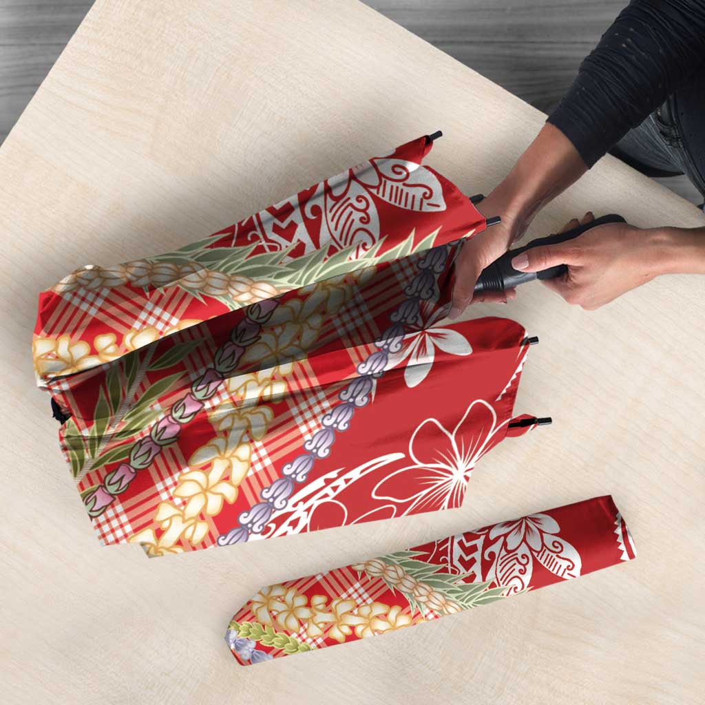 Red Palaka Hawaii Leis Umbrella Hawaiian-plaid Elegant Tropical Vibes - Polynesian Pride