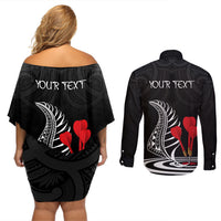Personalised New Zealand Darts Couples Matching Off Shoulder Short Dress and Long Sleeve Button Shirt Aotearoa Maori Fern Bring It On LT14 - Polynesian Pride