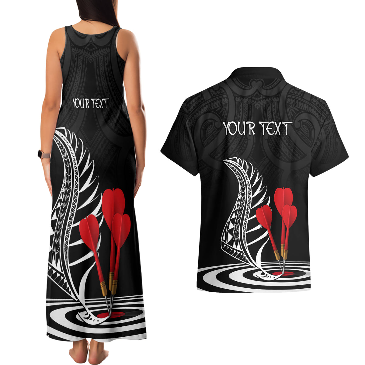 Personalised New Zealand Darts Couples Matching Tank Maxi Dress and Hawaiian Shirt Aotearoa Maori Fern Bring It On LT14 - Polynesian Pride