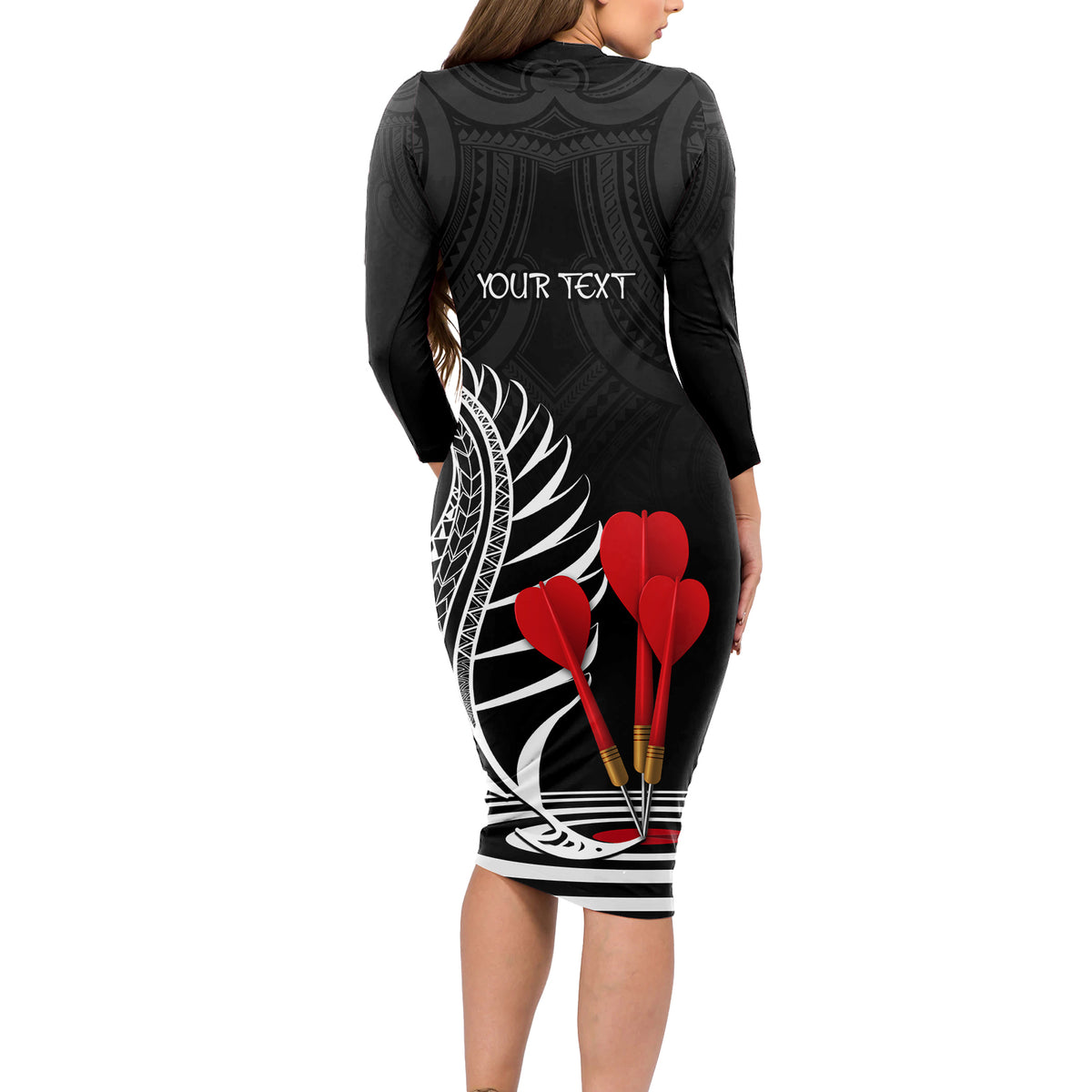 Personalised New Zealand Darts Long Sleeve Bodycon Dress Aotearoa Maori Fern Bring It On LT14 - Polynesian Pride