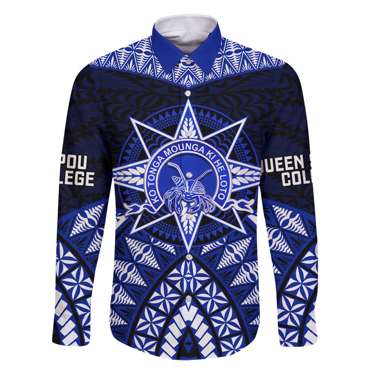 Tonga Tupou College And Queen Salote College Family Matching Off Shoulder Long Sleeve Dress and Hawaiian Shirt Tongan Ngatu Pattern LT14 Dad's Shirt - Long Sleeve Blue - Polynesian Pride