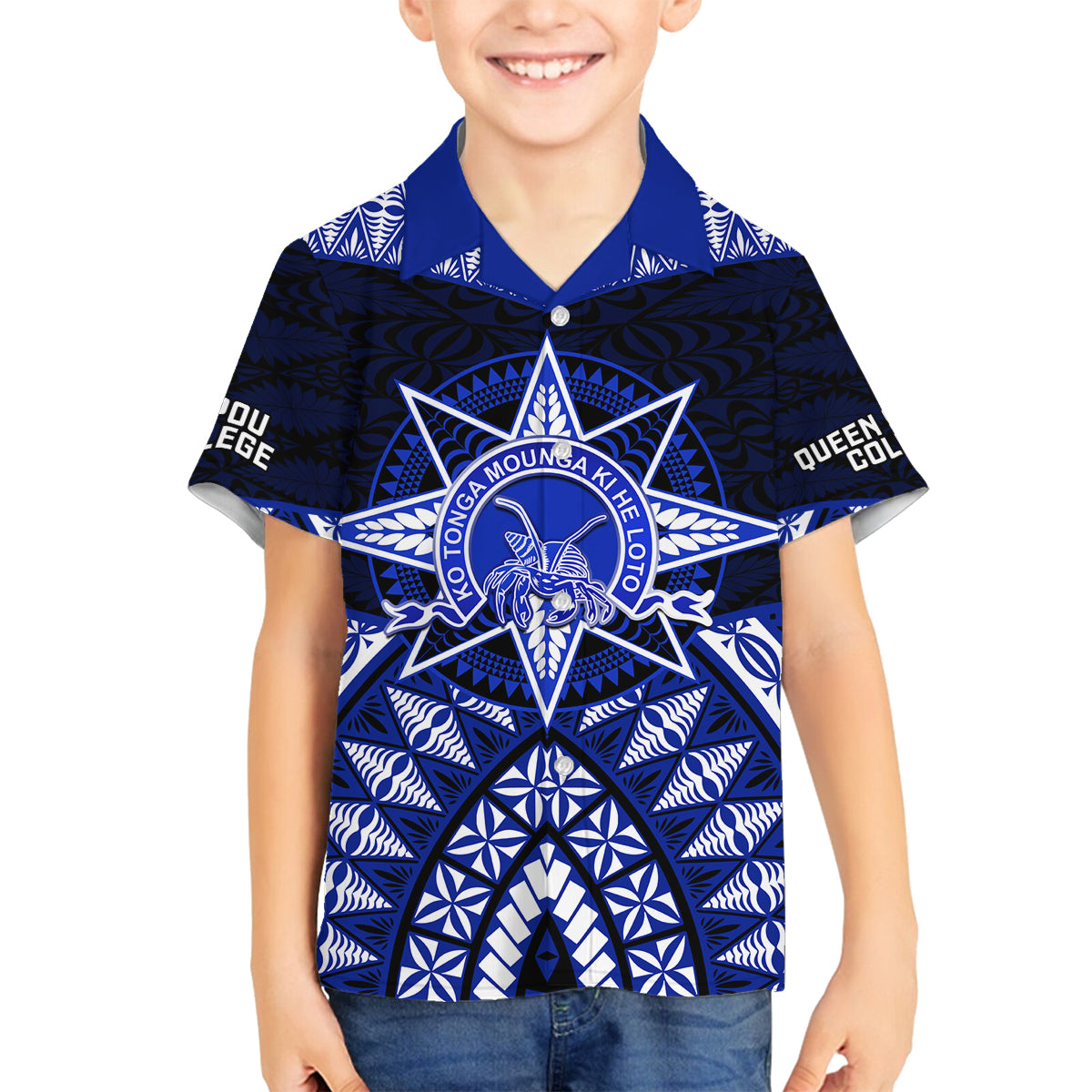 Tonga Tupou College And Queen Salote College Family Matching Summer Maxi Dress and Hawaiian Shirt Tongan Ngatu Pattern LT14 Son's Shirt Blue - Polynesian Pride