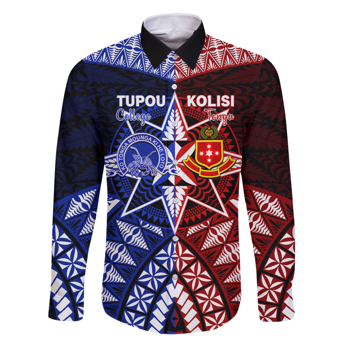 Personalised Tupou College And Kolisi Tonga Atele Family Matching Off Shoulder Long Sleeve Dress and Hawaiian Shirt Tongan Ngatu Pattern LT14 Dad's Shirt - Long Sleeve Blue - Polynesian Pride