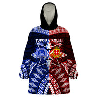 Personalised Tupou College And Kolisi Tonga Atele Wearable Blanket Hoodie Tongan Ngatu Pattern LT14 One Size Blue - Polynesian Pride