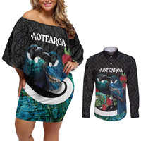 Personalised Valentine's Day New Zealand Couples Matching Off Shoulder Short Dress and Long Sleeve Button Shirt Tui Bird Couple Kowhaiwhai Mix Pohutukawa LT14 Black - Polynesian Pride