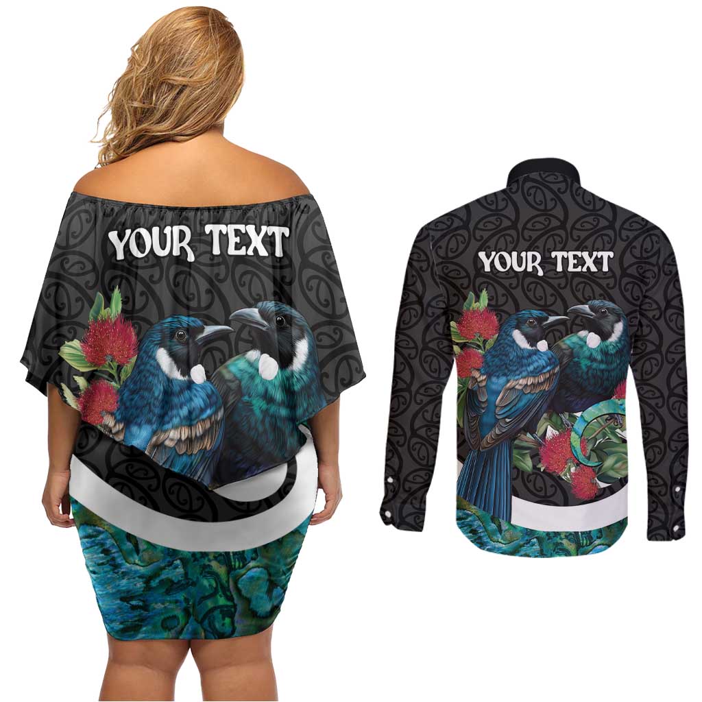 Personalised Valentine's Day New Zealand Couples Matching Off Shoulder Short Dress and Long Sleeve Button Shirt Tui Bird Couple Kowhaiwhai Mix Pohutukawa LT14 - Polynesian Pride