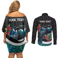 Personalised Valentine's Day New Zealand Couples Matching Off Shoulder Short Dress and Long Sleeve Button Shirt Tui Bird Couple Kowhaiwhai Mix Pohutukawa LT14 - Polynesian Pride