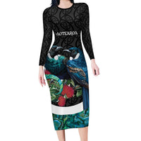 Personalised Valentine's Day New Zealand Family Matching Long Sleeve Bodycon Dress and Hawaiian Shirt Tui Bird Couple Kowhaiwhai Mix Pohutukawa LT14 Mom's Dress Black - Polynesian Pride