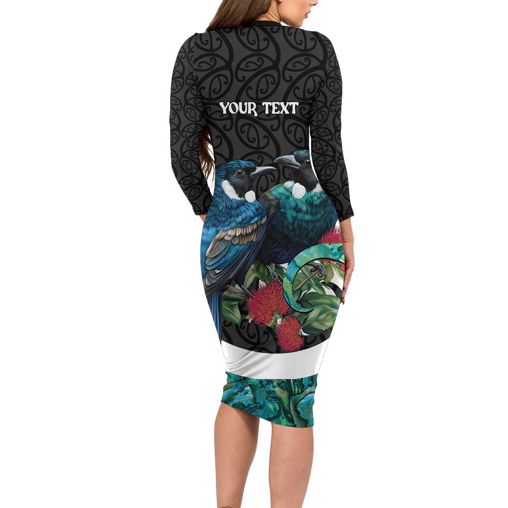 Personalised Valentine's Day New Zealand Family Matching Long Sleeve Bodycon Dress and Hawaiian Shirt Tui Bird Couple Kowhaiwhai Mix Pohutukawa LT14 - Polynesian Pride