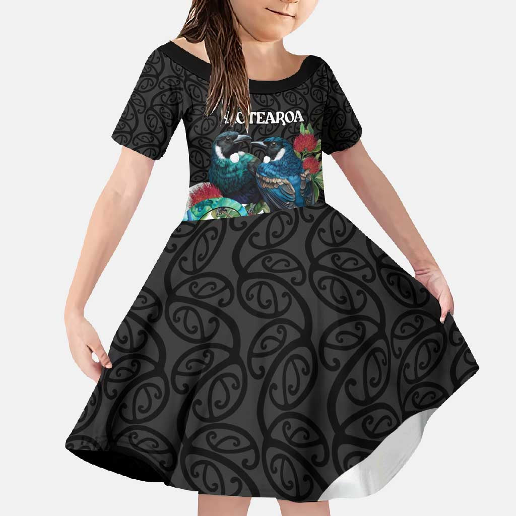 Personalised Valentine's Day New Zealand Family Matching Summer Maxi Dress and Hawaiian Shirt Tui Bird Couple Kowhaiwhai Mix Pohutukawa LT14 Daughter's Dress Black - Polynesian Pride