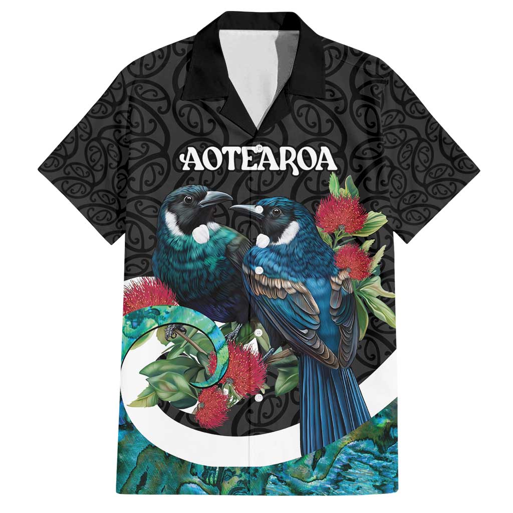 Personalised Valentine's Day New Zealand Family Matching Summer Maxi Dress and Hawaiian Shirt Tui Bird Couple Kowhaiwhai Mix Pohutukawa LT14 Dad's Shirt - Short Sleeve Black - Polynesian Pride