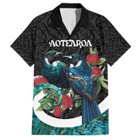 Personalised Valentine's Day New Zealand Family Matching Summer Maxi Dress and Hawaiian Shirt Tui Bird Couple Kowhaiwhai Mix Pohutukawa LT14 Dad's Shirt - Short Sleeve Black - Polynesian Pride