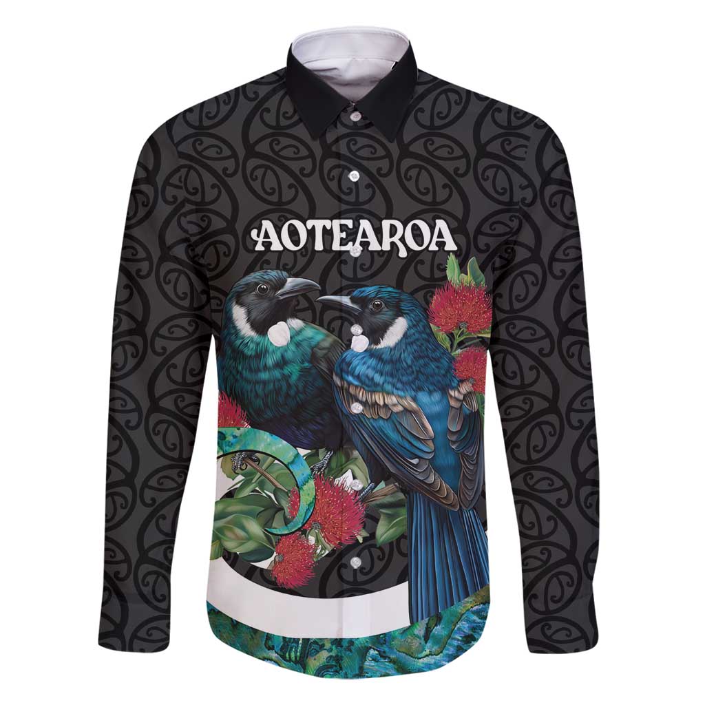 Personalised Valentine's Day New Zealand Family Matching Summer Maxi Dress and Hawaiian Shirt Tui Bird Couple Kowhaiwhai Mix Pohutukawa LT14 Dad's Shirt - Long Sleeve Black - Polynesian Pride