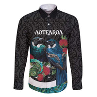 Personalised Valentine's Day New Zealand Family Matching Summer Maxi Dress and Hawaiian Shirt Tui Bird Couple Kowhaiwhai Mix Pohutukawa LT14 Dad's Shirt - Long Sleeve Black - Polynesian Pride