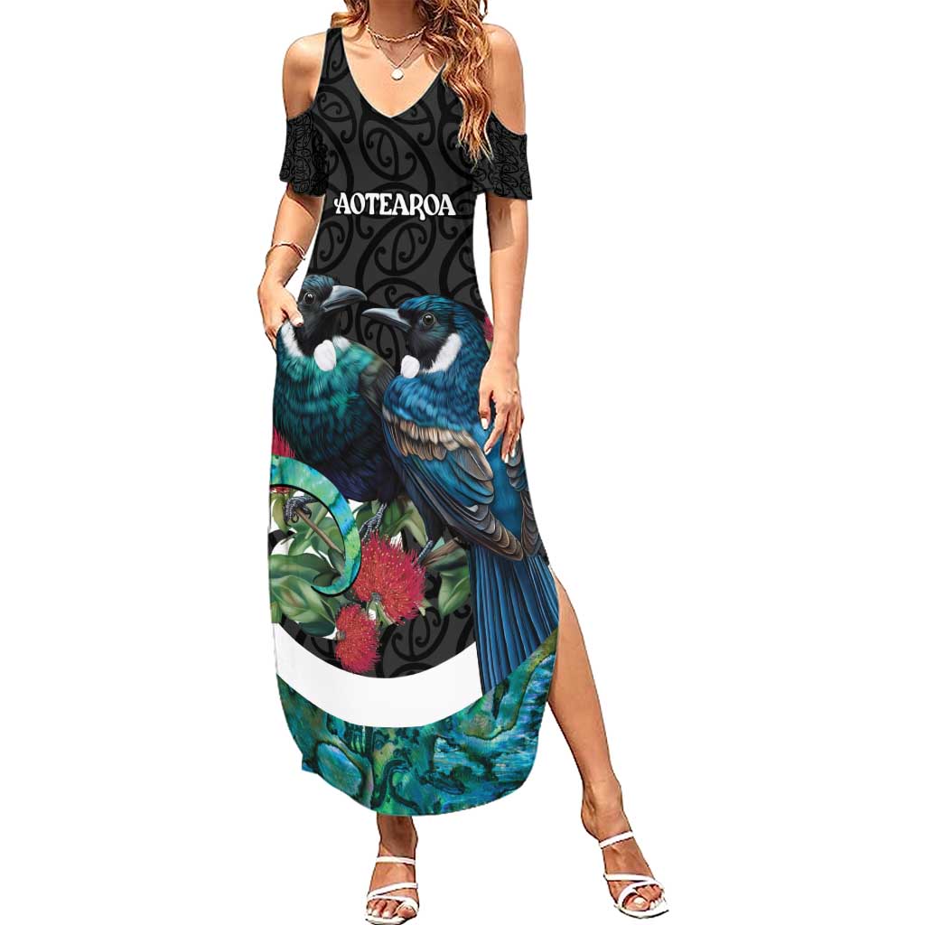Personalised Valentine's Day New Zealand Family Matching Summer Maxi Dress and Hawaiian Shirt Tui Bird Couple Kowhaiwhai Mix Pohutukawa LT14 Mom's Dress Black - Polynesian Pride