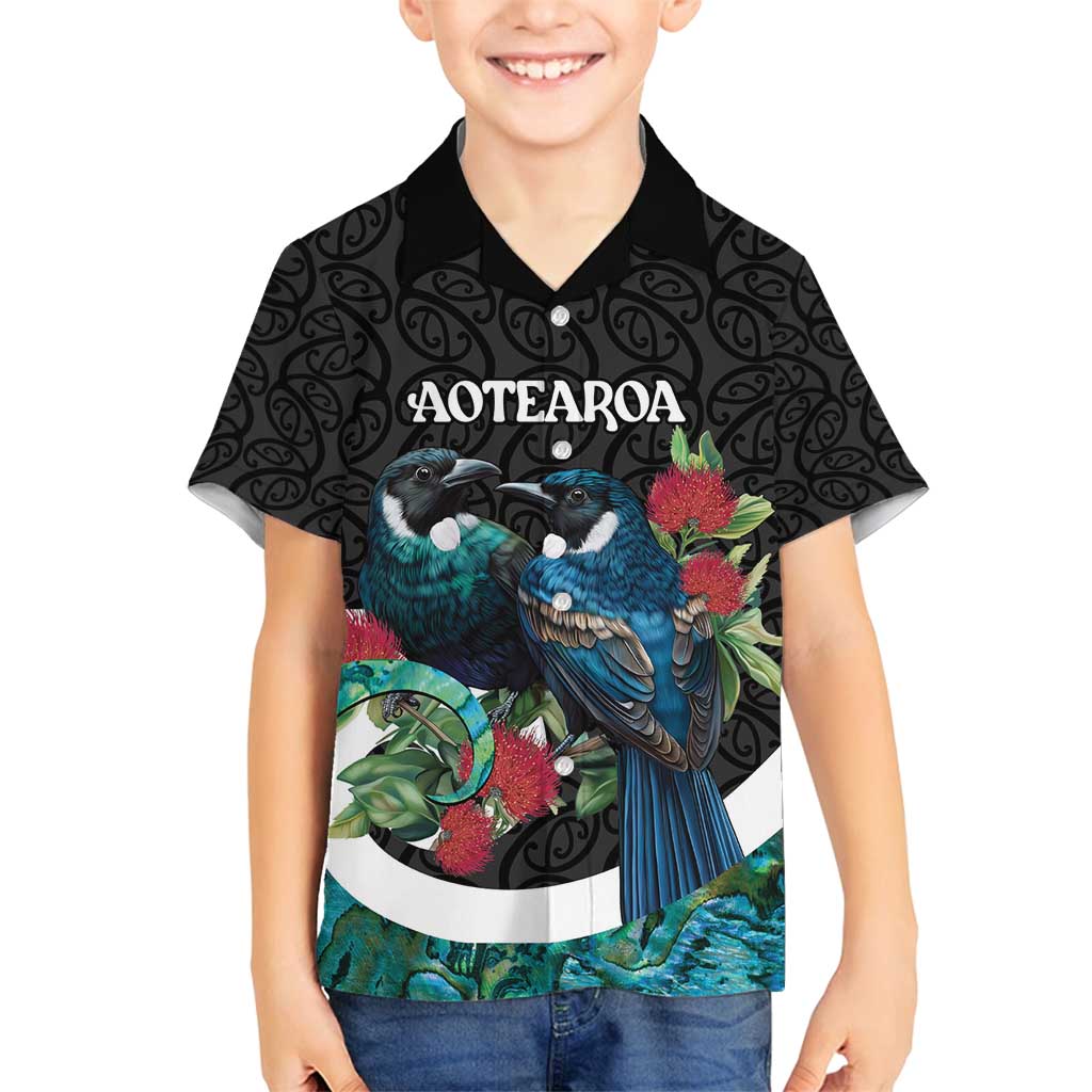 Personalised Valentine's Day New Zealand Family Matching Summer Maxi Dress and Hawaiian Shirt Tui Bird Couple Kowhaiwhai Mix Pohutukawa LT14 Son's Shirt Black - Polynesian Pride