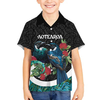 Personalised Valentine's Day New Zealand Family Matching Summer Maxi Dress and Hawaiian Shirt Tui Bird Couple Kowhaiwhai Mix Pohutukawa LT14 Son's Shirt Black - Polynesian Pride