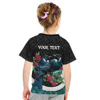 Personalised Valentine's Day New Zealand Kid T Shirt Tui Bird Couple Kowhaiwhai Mix Pohutukawa
