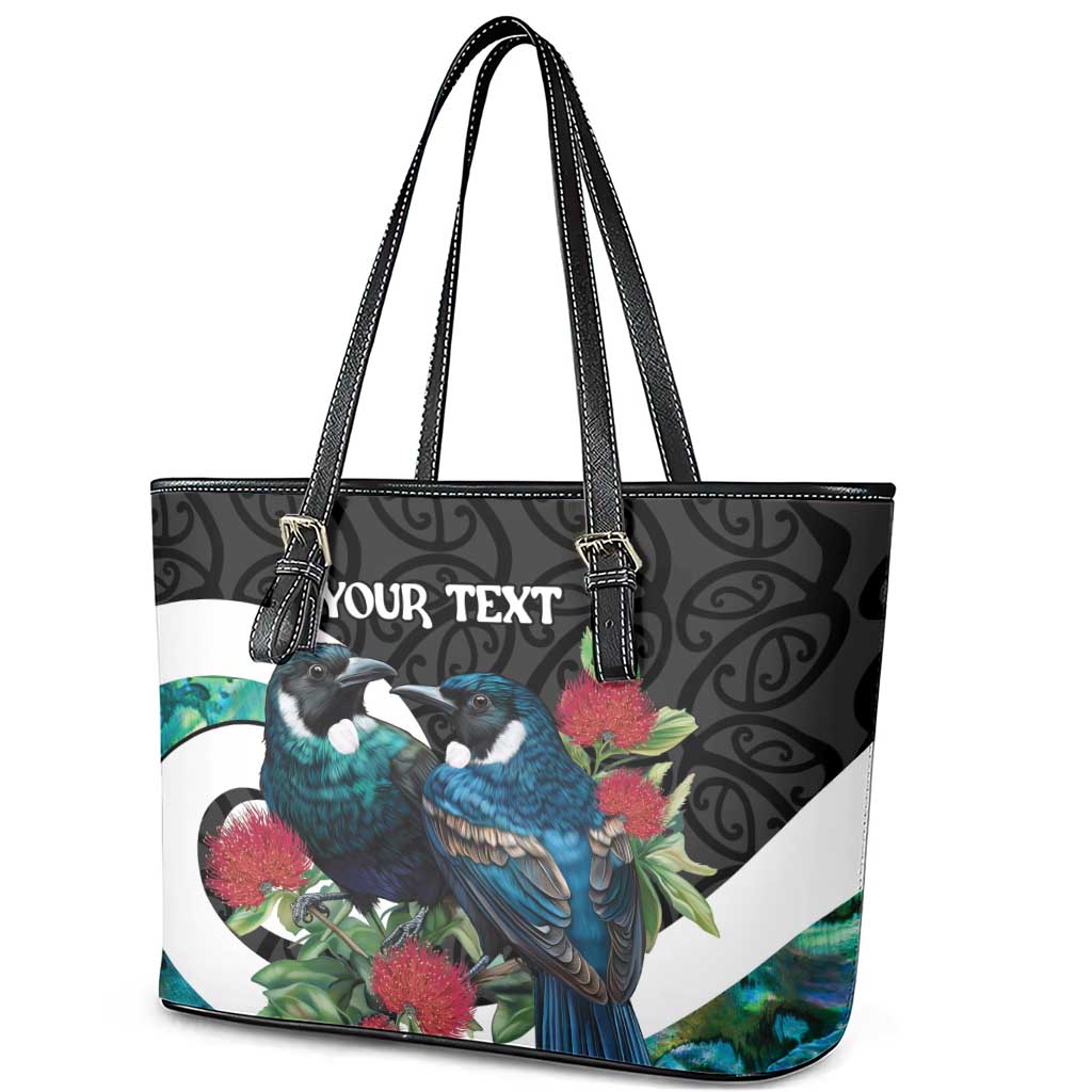 Personalised Valentine's Day New Zealand Leather Tote Bag Tui Bird Couple Kowhaiwhai Mix Pohutukawa