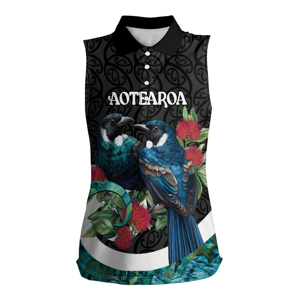 Personalised Valentine's Day New Zealand Women Sleeveless Polo Shirt Tui Bird Couple Kowhaiwhai Mix Pohutukawa LT14 Female Black - Polynesian Pride