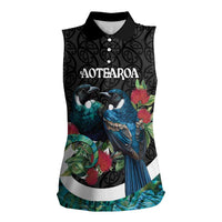 Personalised Valentine's Day New Zealand Women Sleeveless Polo Shirt Tui Bird Couple Kowhaiwhai Mix Pohutukawa LT14 Female Black - Polynesian Pride