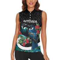 Personalised Valentine's Day New Zealand Women Sleeveless Polo Shirt Tui Bird Couple Kowhaiwhai Mix Pohutukawa LT14 - Polynesian Pride