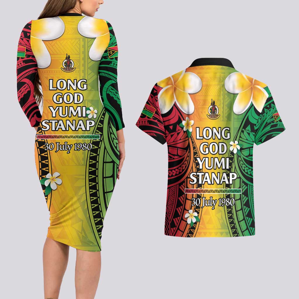 Vanuatu Independence Day Couples Matching Long Sleeve Bodycon Dress and Hawaiian Shirt Long God Yumi Stanap Happy 45th Anniversary LT14