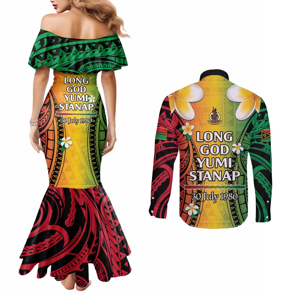 Vanuatu Independence Day Couples Matching Mermaid Dress and Long Sleeve Button Shirt Long God Yumi Stanap Happy 45th Anniversary LT14