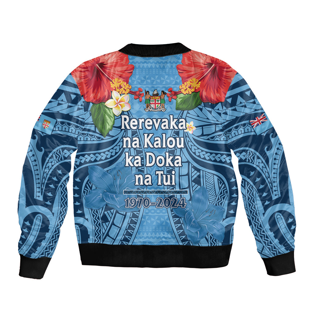 Fiji Day Bomber Jacket Happy 54 Years Of Independence Tapa Pattern Blue