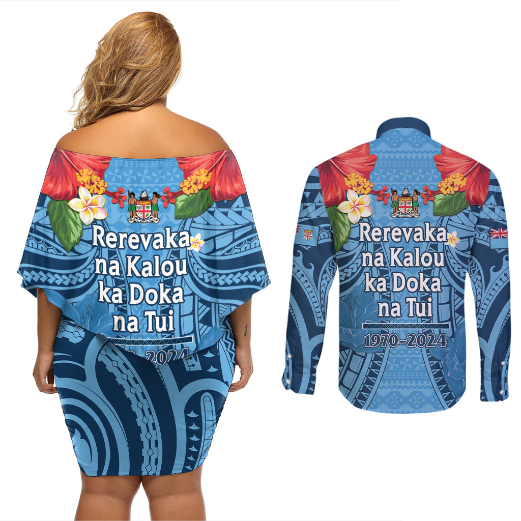Fiji Day Couples Matching Off Shoulder Short Dress and Long Sleeve Button Shirt Happy 54 Years Of Independence Tapa Pattern Blue