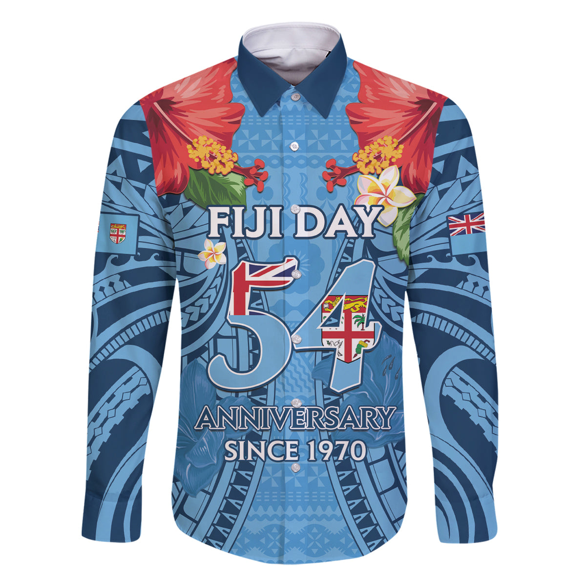 Fiji Day Family Matching Long Sleeve Bodycon Dress and Hawaiian Shirt Happy 54 Years Of Independence Tapa Pattern Blue