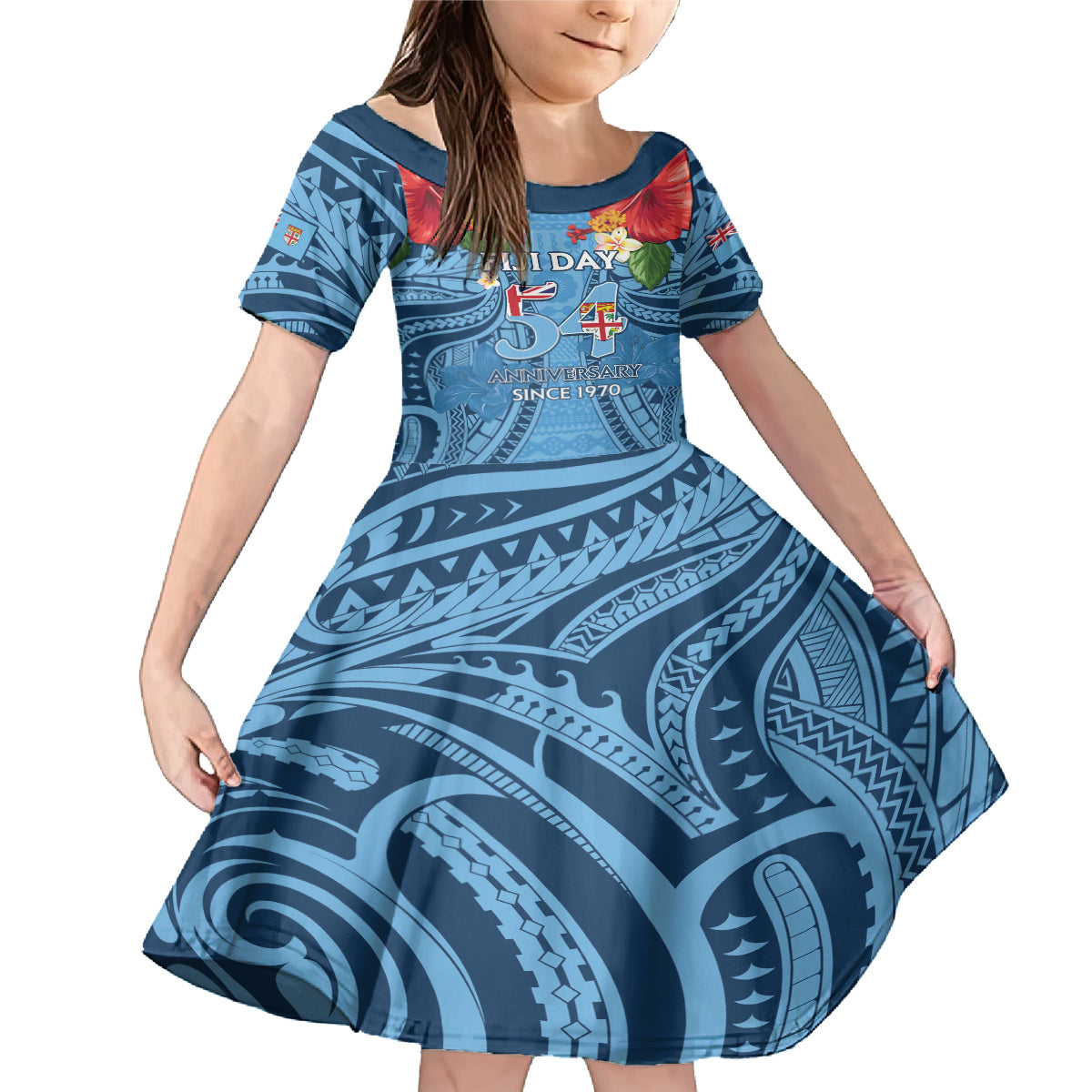 Fiji Day Family Matching Mermaid Dress and Hawaiian Shirt Happy 54 Years Of Independence Tapa Pattern Blue
