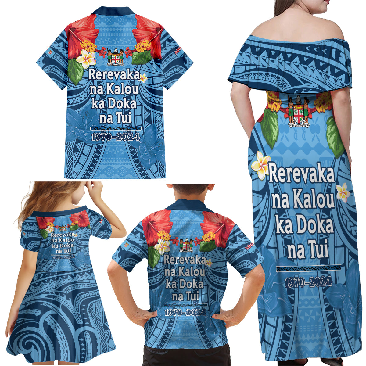Fiji Day Family Matching Off Shoulder Maxi Dress and Hawaiian Shirt Happy 54 Years Of Independence Tapa Pattern Blue