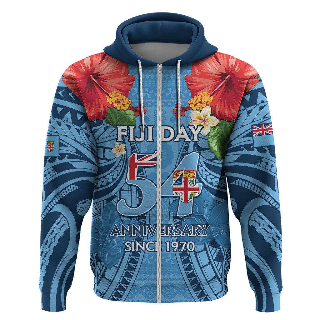 Fiji Day Zip Hoodie Happy 54 Years Of Independence Tapa Pattern Blue