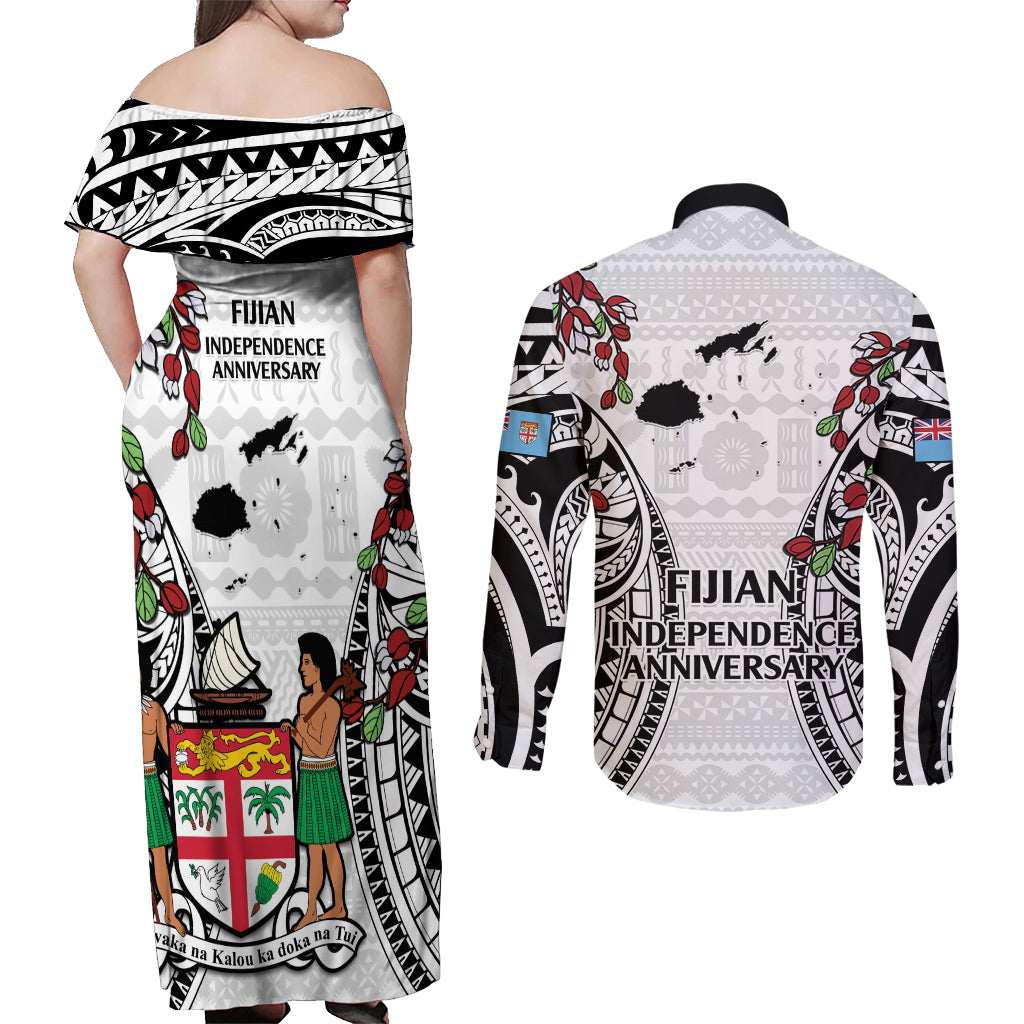 Fiji Day Couples Matching Off Shoulder Maxi Dress and Long Sleeve Button Shirt Happy 54 Years Of Independence Tapa Pattern White
