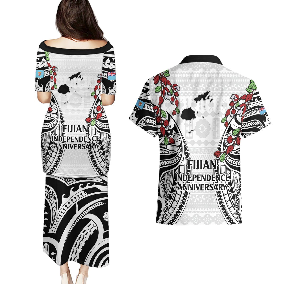 Fiji Day Couples Matching Puletasi and Hawaiian Shirt Happy 54 Years Of Independence Tapa Pattern White LT14 - Polynesian Pride