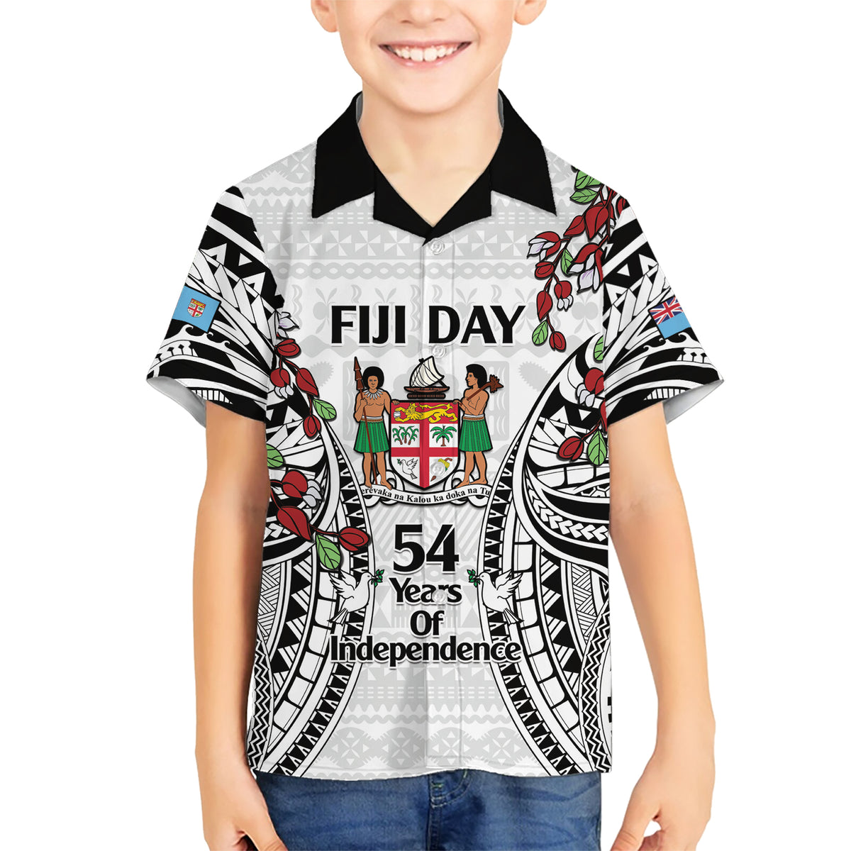 Fiji Day Family Matching Short Sleeve Bodycon Dress and Hawaiian Shirt Happy 54 Years Of Independence Tapa Pattern White