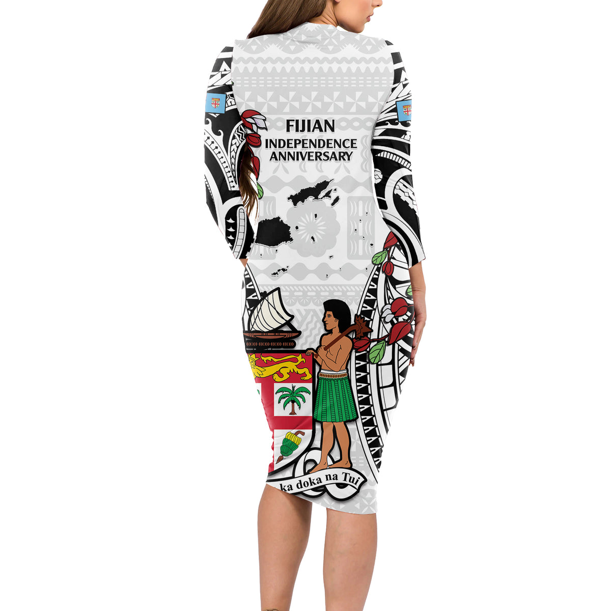 Fiji Day Long Sleeve Bodycon Dress Happy 54 Years Of Independence Tapa Pattern White