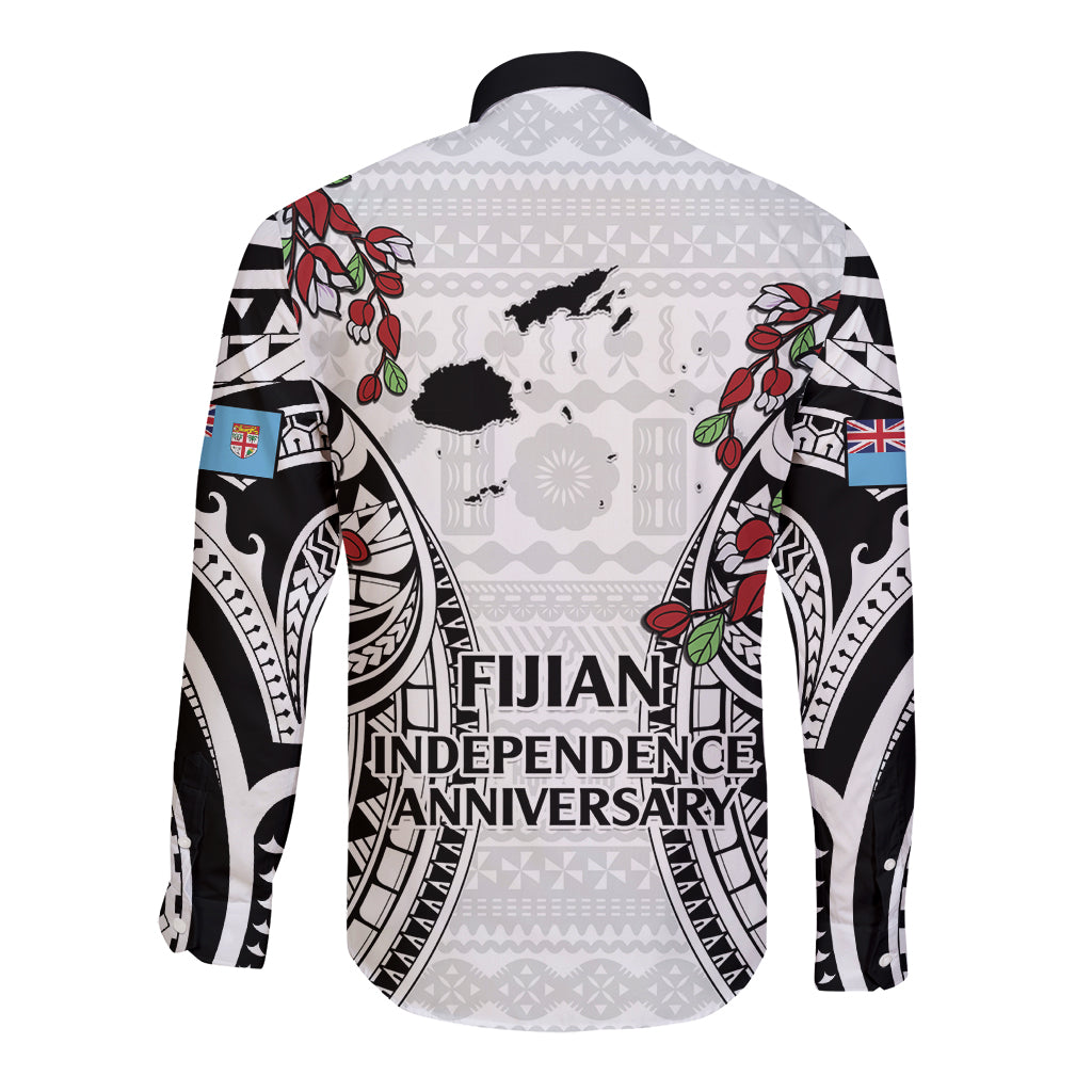 Fiji Day Long Sleeve Button Shirt Happy 54 Years Of Independence Tapa Pattern White LT14 - Polynesian Pride