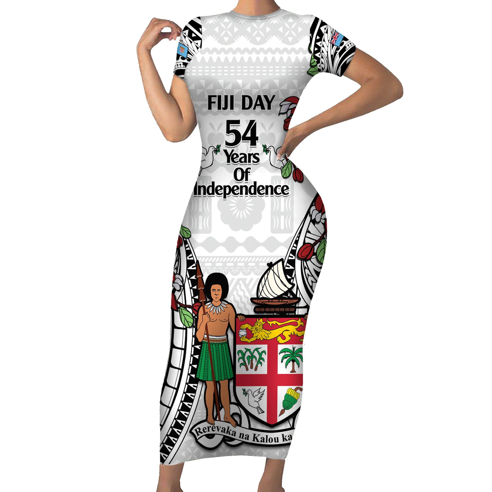 Fiji Day Short Sleeve Bodycon Dress Happy 54 Years Of Independence Tapa Pattern White