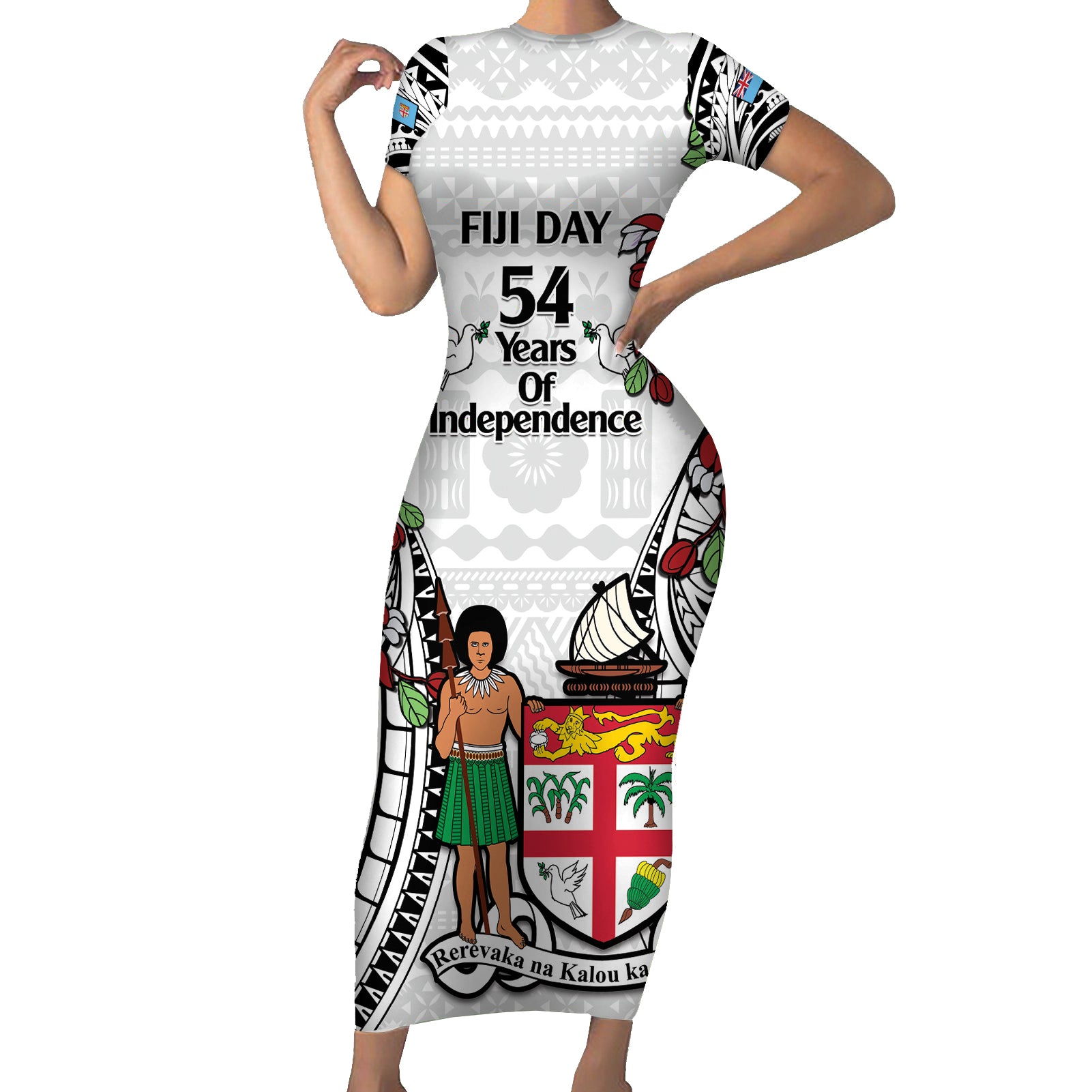 Fiji Day Short Sleeve Bodycon Dress Happy 54 Years Of Independence Tapa Pattern White