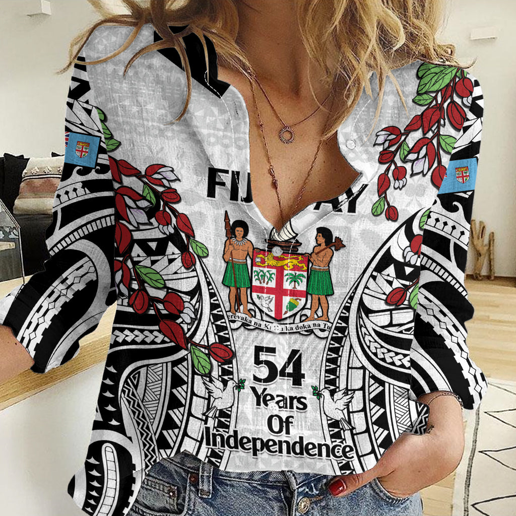 Fiji Day Women Casual Shirt Happy 54 Years Of Independence Tapa Pattern White