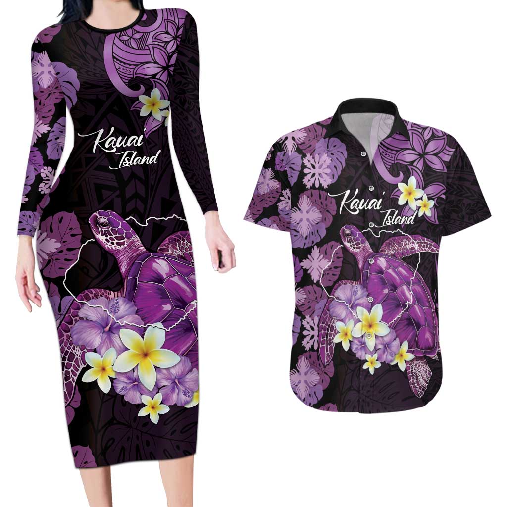 Personalised Aloha Hawaii Kauai Island Couples Matching Long Sleeve Bodycon Dress and Hawaiian Shirt Garden Isle Map Sea Turtle Plumeria